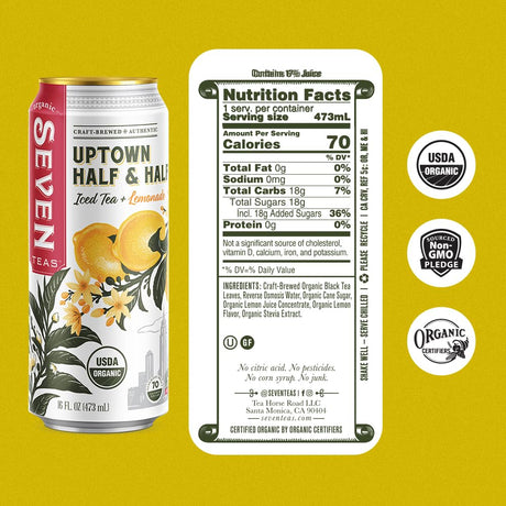 Seven Teas Organic Half & Half Lemon Tea, Case of 12, 16 Fl Oz Cans