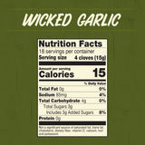 Nutrition facts label for 'Wicked Garlic' on a green background