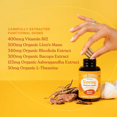 Four Sigmatic Focus mushroom complex bottle with ingredients listed on a yellow background