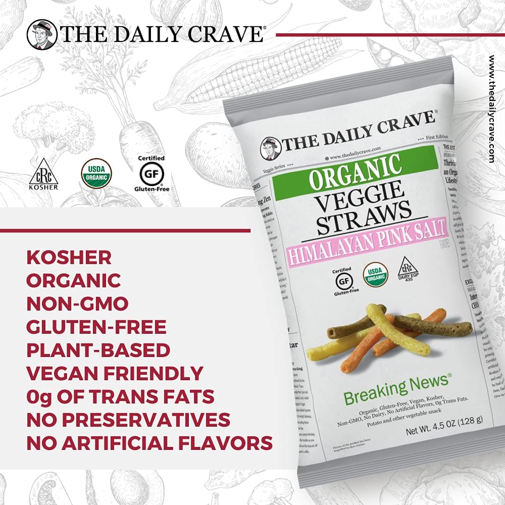 Package of The Daily Crave Organic Veggie Straws with certification logos on a white background