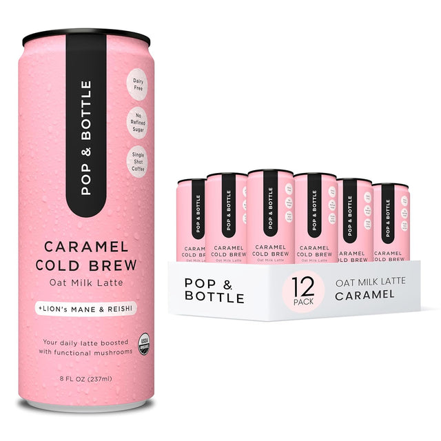 Pink can of Pop & Bottle Caramel Cold Brew Oat Milk Latte with packaging in the background