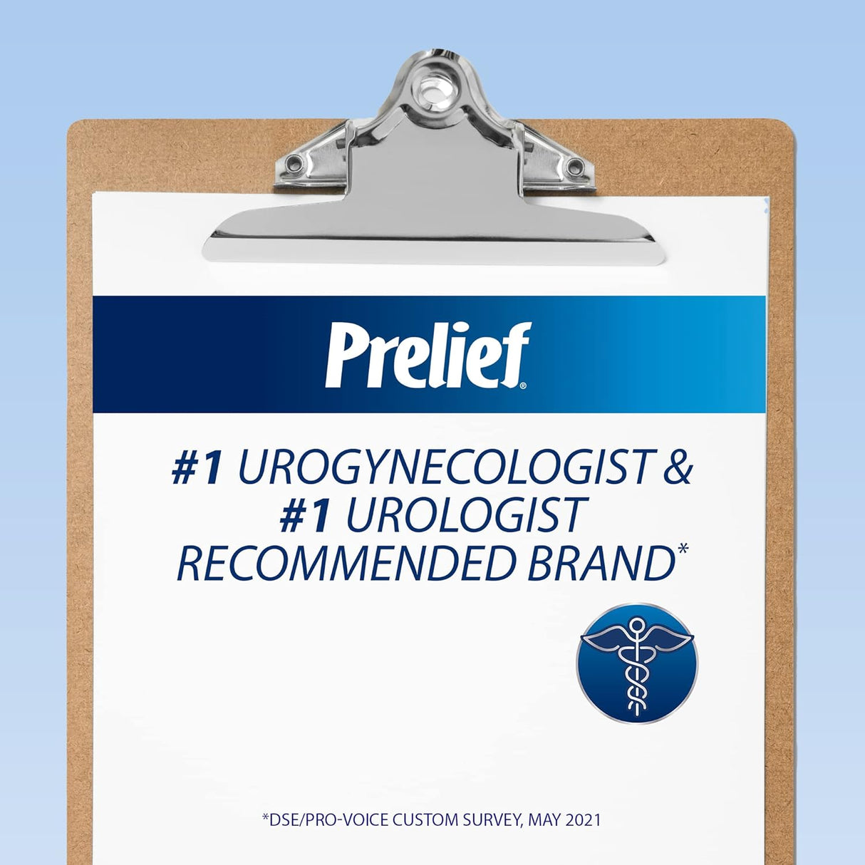 Clipboard with a sheet of paper displaying 'Prelief' as a #1 Urogynecologist & #1 Urologist Recommended Brand on a blue background.