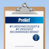 Clipboard with a sheet of paper displaying 'Prelief' as a #1 Urogynecologist & #1 Urologist Recommended Brand on a blue background.