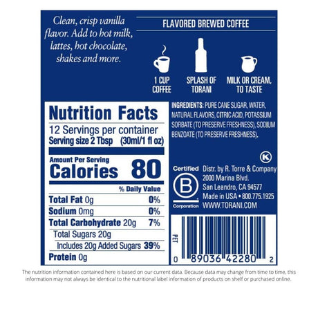 Nutrition facts label for flavored brewed coffee on a white background