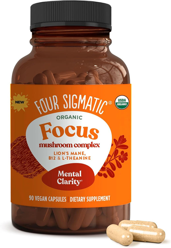 Supplement bottle labeled 'Four Sigmatic Organic Focus mushroom complex' with capsules on a white background