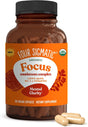 Supplement bottle labeled 'Four Sigmatic Organic Focus mushroom complex' with capsules on a white background