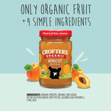 Jar of Crofter's Organic Apricot Fruit Spread with apricots and text on a light blue background