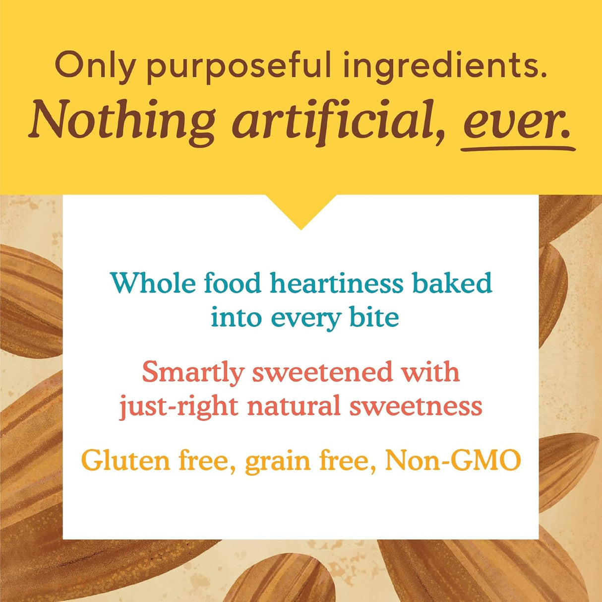 Product description card with text about whole food ingredients, artificial additives, and health benefits on a wooden background.