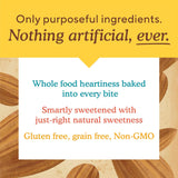 Product description card with text about whole food ingredients, artificial additives, and health benefits on a wooden background.