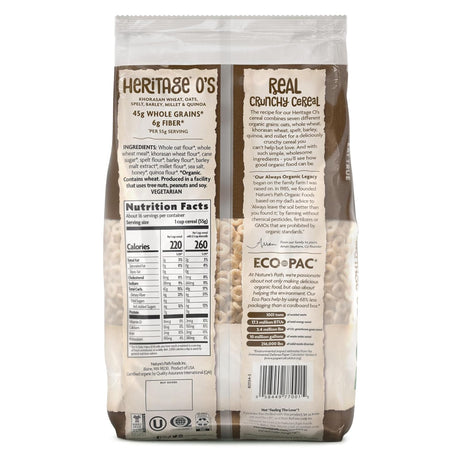 Back view of a Heritage O's cereal package with nutritional information and ingredients listed.