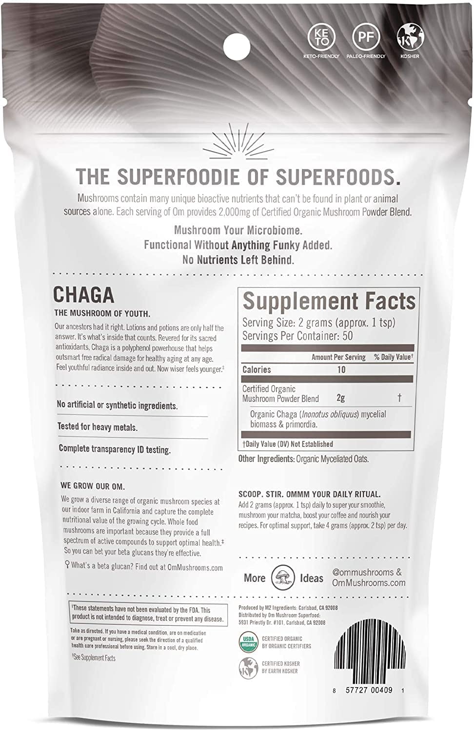 Om Mushroom Superfood Chaga Organic Mushroom Powder, 3.5 Ounce - Cozy Farm 