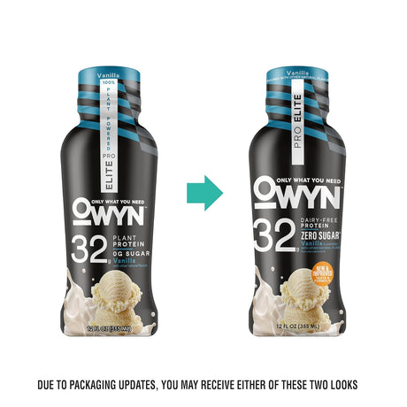 Two OWYN protein packaging with a vanilla ice cream scoop on a white background.