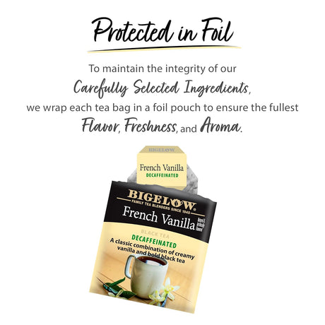 Bigelow French Vanilla Decaffeinated tea bag packaging with text about tea preservation.