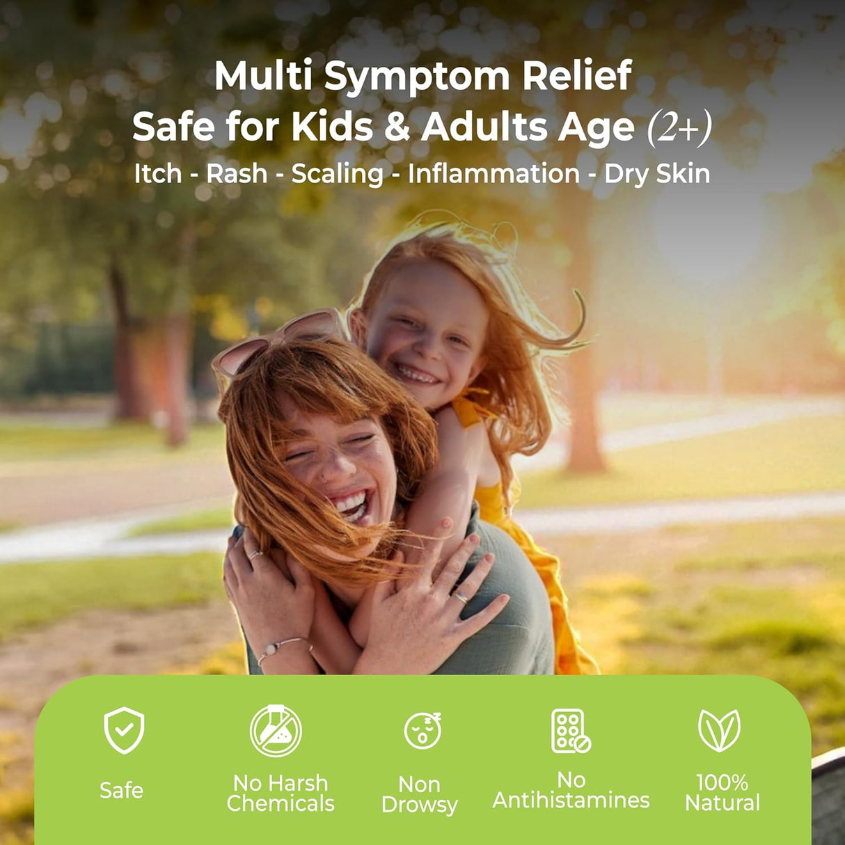 Woman holding a child in a park with text about multi-symptom relief for children and adults.