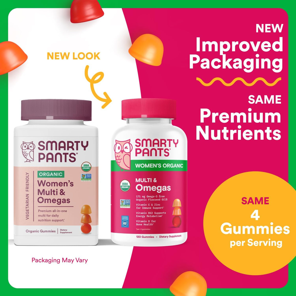 Two bottles of SmartyPants women's multivitamin gummies with promotional text about new packaging.