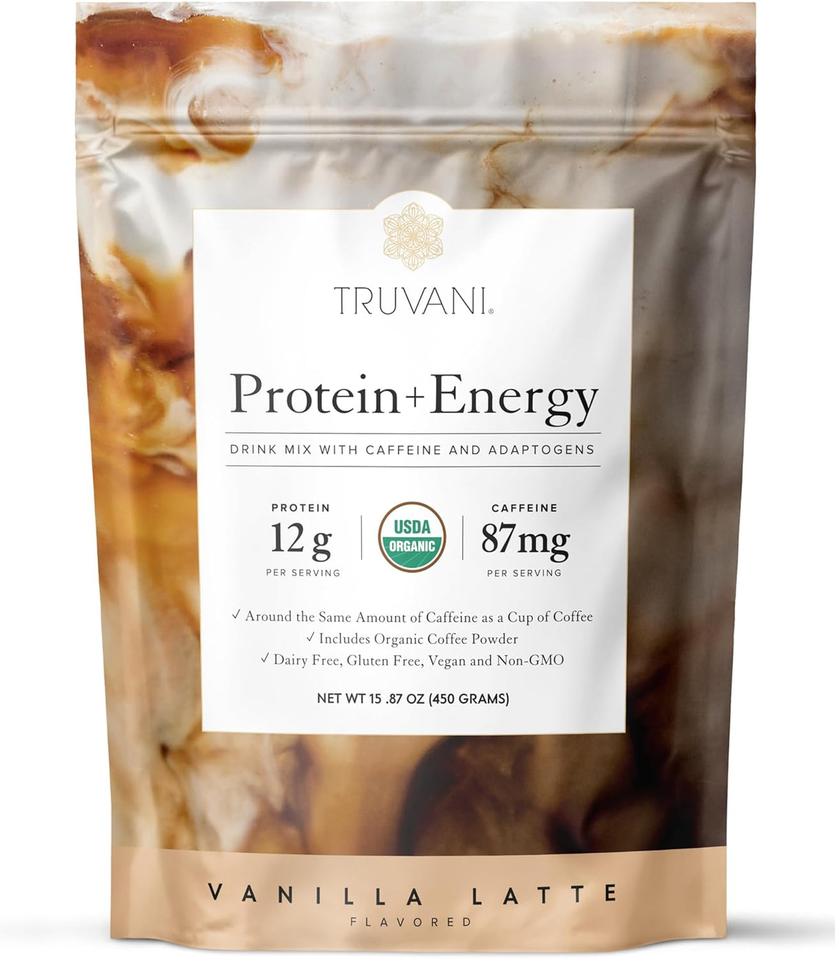 Truvani Protein + Energy drink mix package with vanilla latte flavor on a white background