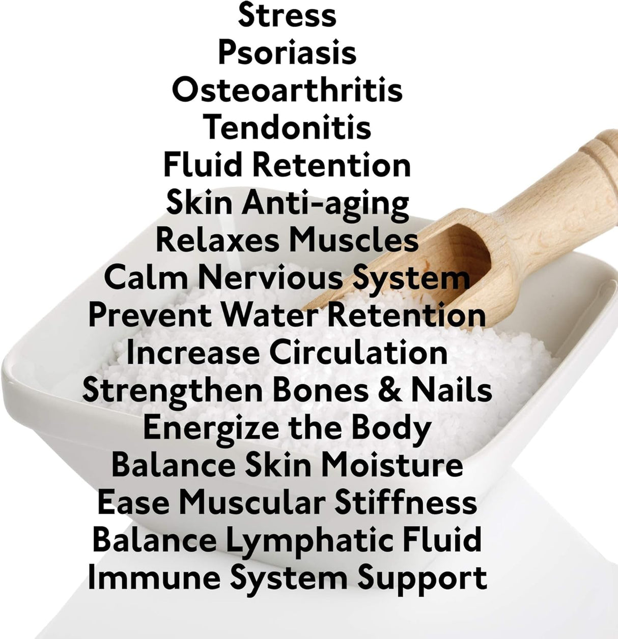 White container with a wooden scoop on a white background, listing health benefits.