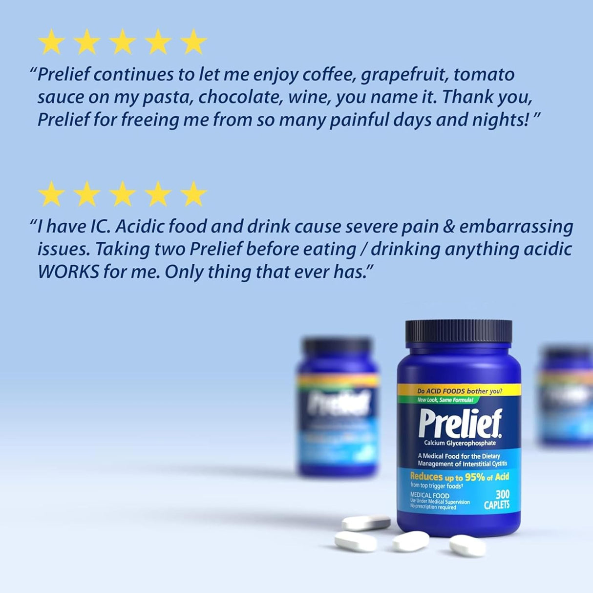 Prelief supplement bottles with customer testimonials on a light blue background