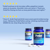 Prelief supplement bottles with customer testimonials on a light blue background