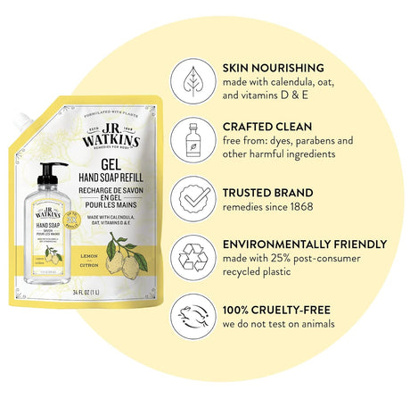 J.R. Watkins Lemon Hand Soap Gel Refill, Pack of 3, 34 FL OZ Each