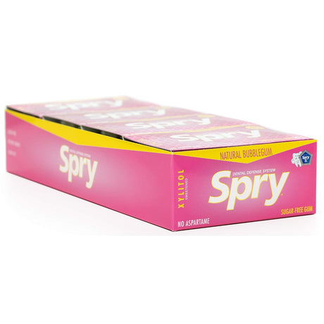 Box of Spry sugar-free gum with pink and yellow packaging on a white background