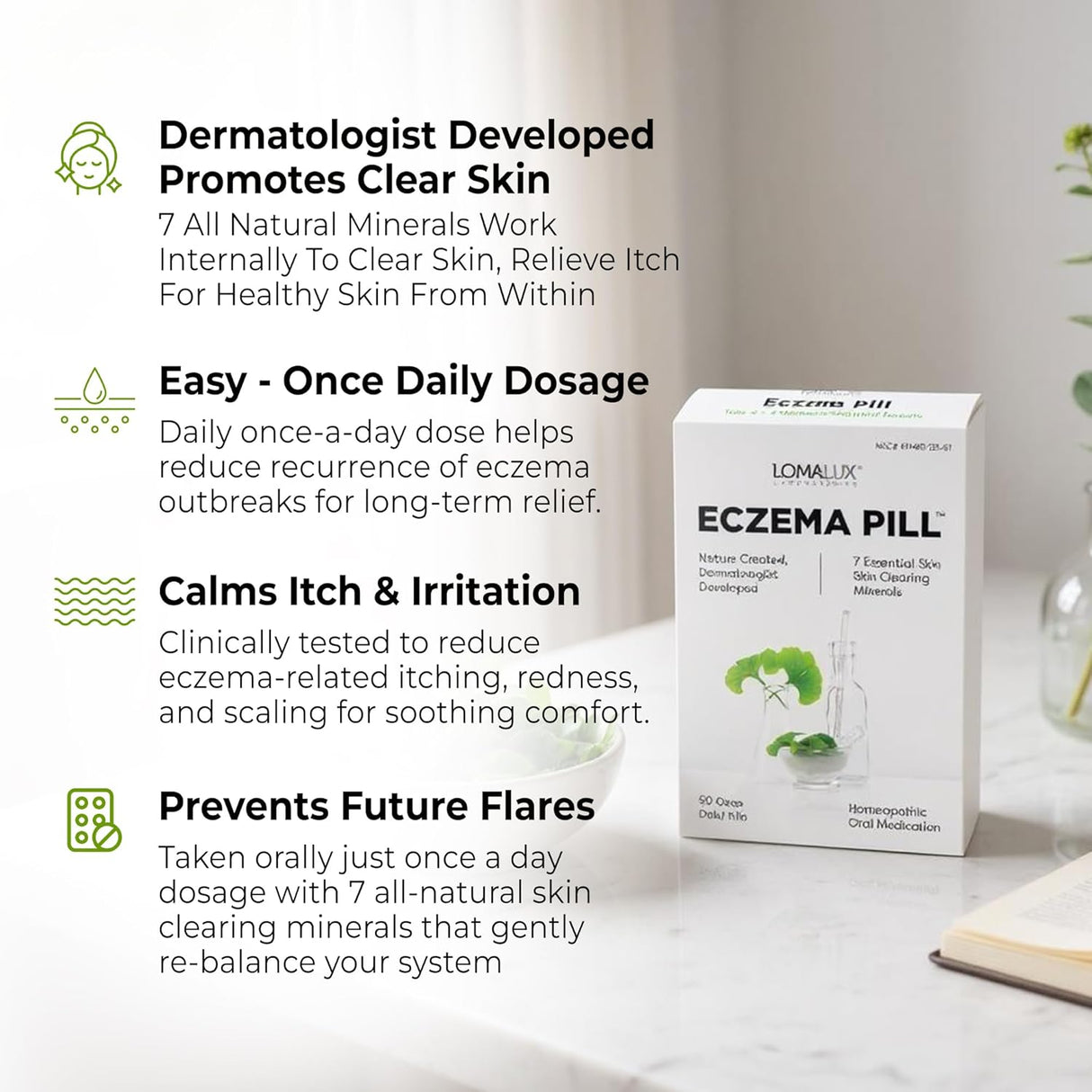Lomalux Eczema Pill packaging with product details on a white background