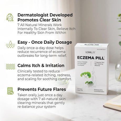 Lomalux Eczema Pill packaging with product details on a white background