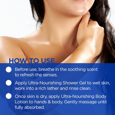 Woman applying Ultra-Nourishing Shower Gel with product usage instructions on a blue background