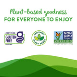 Certified gluten-free, plant-based, and non-GMO verified logos on a green landscape background.