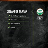 Product label for cream of tartar with certification logos and claims on a dark background