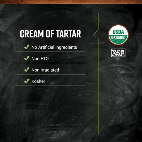 Product label for cream of tartar with certification logos and claims on a dark background