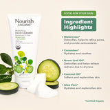 Nourish Organic face cleanser with cucumber and aloe vera ingredients on a beige background
