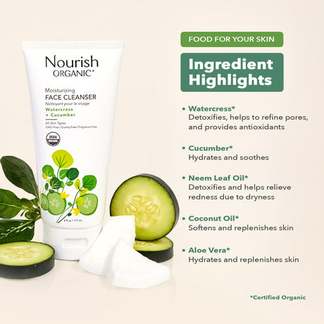 Nourish Organic face cleanser with cucumber and aloe vera ingredients on a beige background