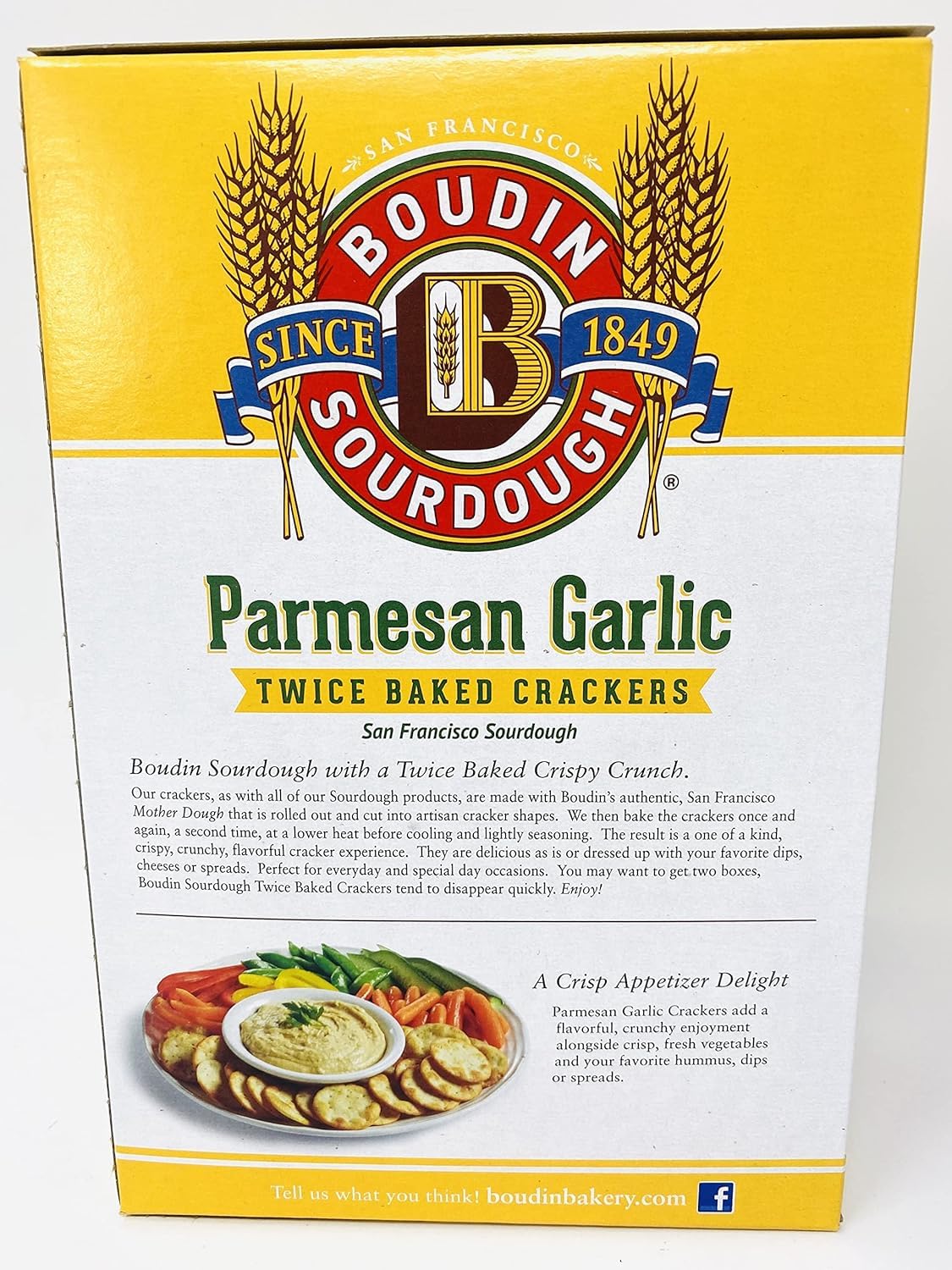 Box of Boudin Sourdough Parmesan Garlic Twice Baked Crackers with branding and product details.