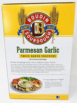 Box of Boudin Sourdough Parmesan Garlic Twice Baked Crackers with branding and product details.