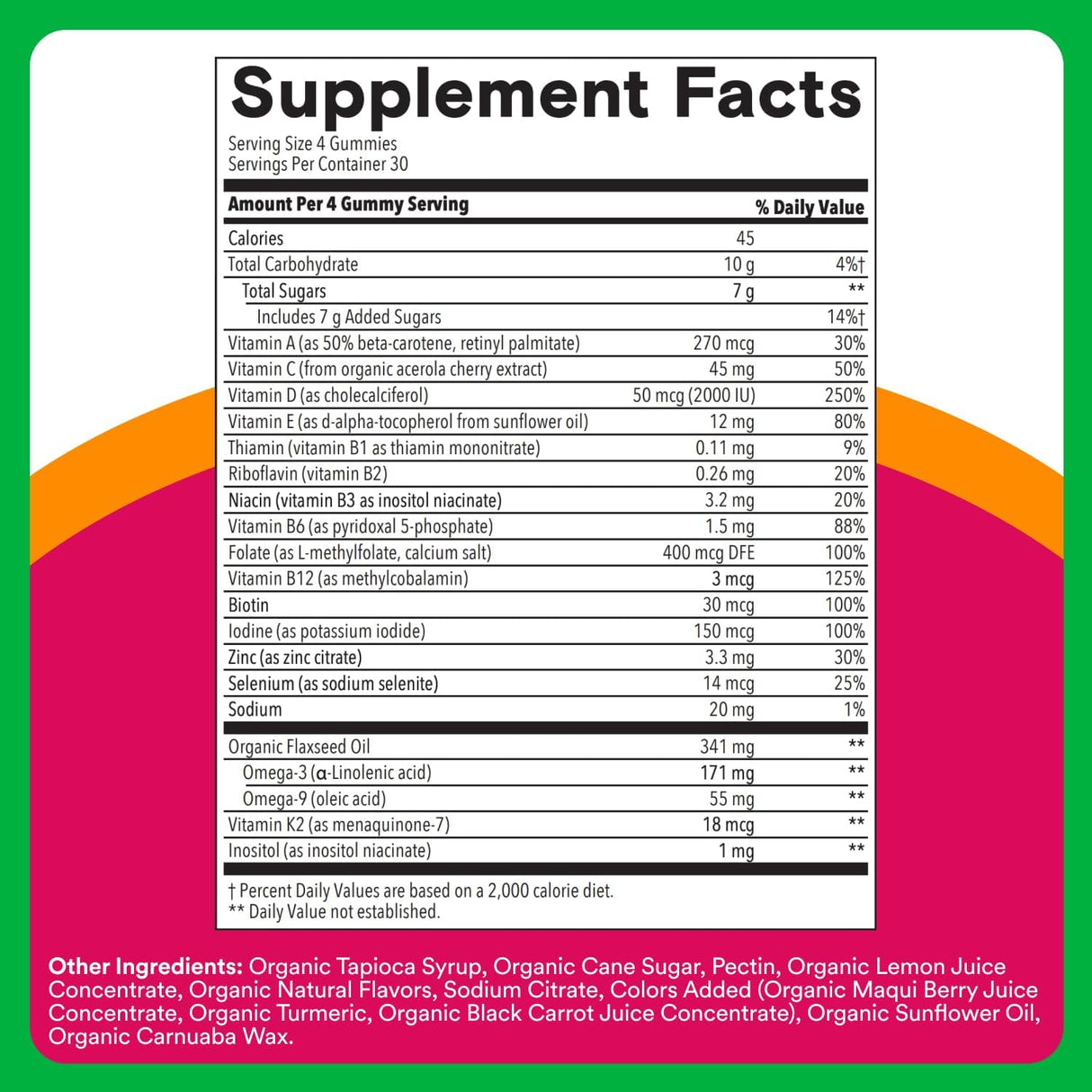Supplement facts label for gummy vitamins with colorful border