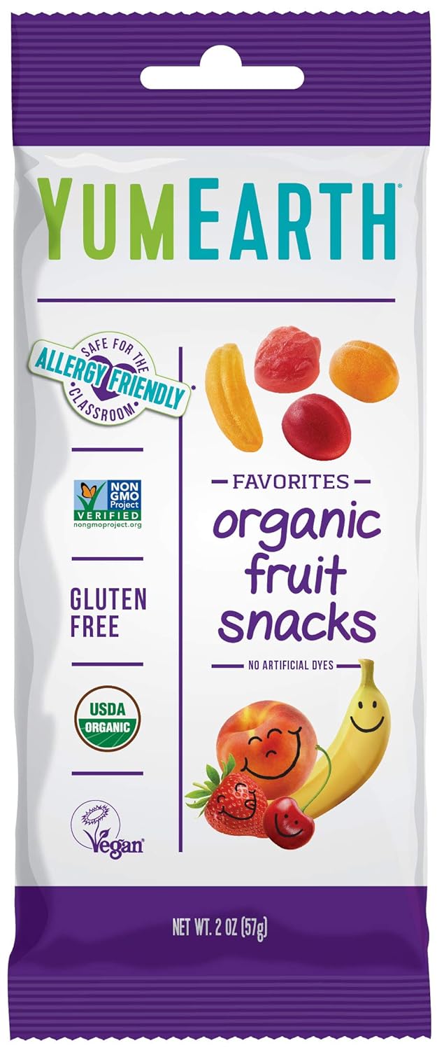 YumEarth organic fruit snacks package with colorful graphics on a white background
