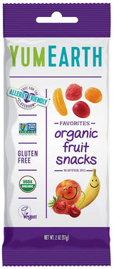 YumEarth organic fruit snacks package with colorful graphics on a white background