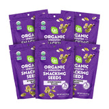 Purple packages of Go Raw organic sprouted snacking seeds on a white background