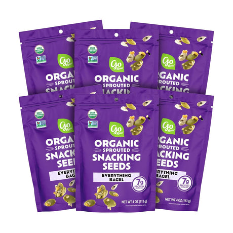 Purple packages of Go Raw organic sprouted snacking seeds on a white background