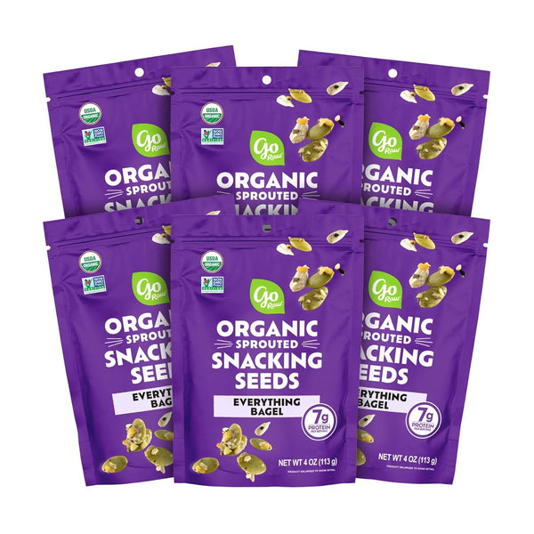 Purple packages of Go Raw organic sprouted snacking seeds on a white background
