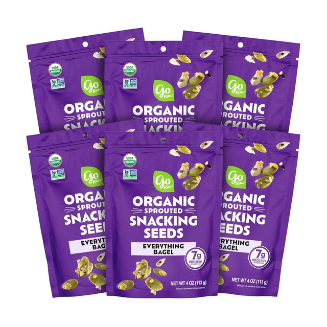 Purple packages of Go Raw organic sprouted snacking seeds on a white background
