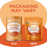 Two packaging options of Four Sigmatic Focus organic mushroom blend on an orange background.