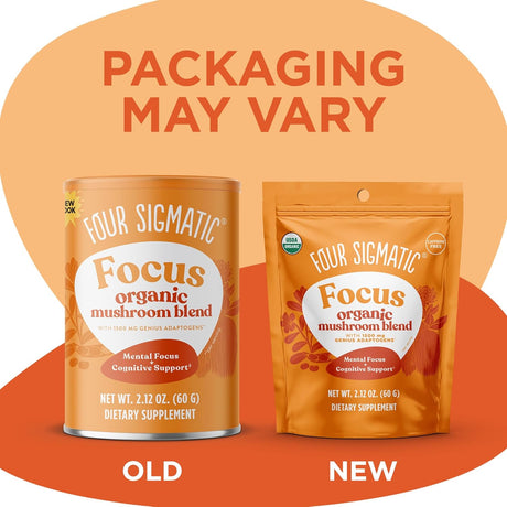 Two packaging options of Four Sigmatic Focus organic mushroom blend on an orange background.
