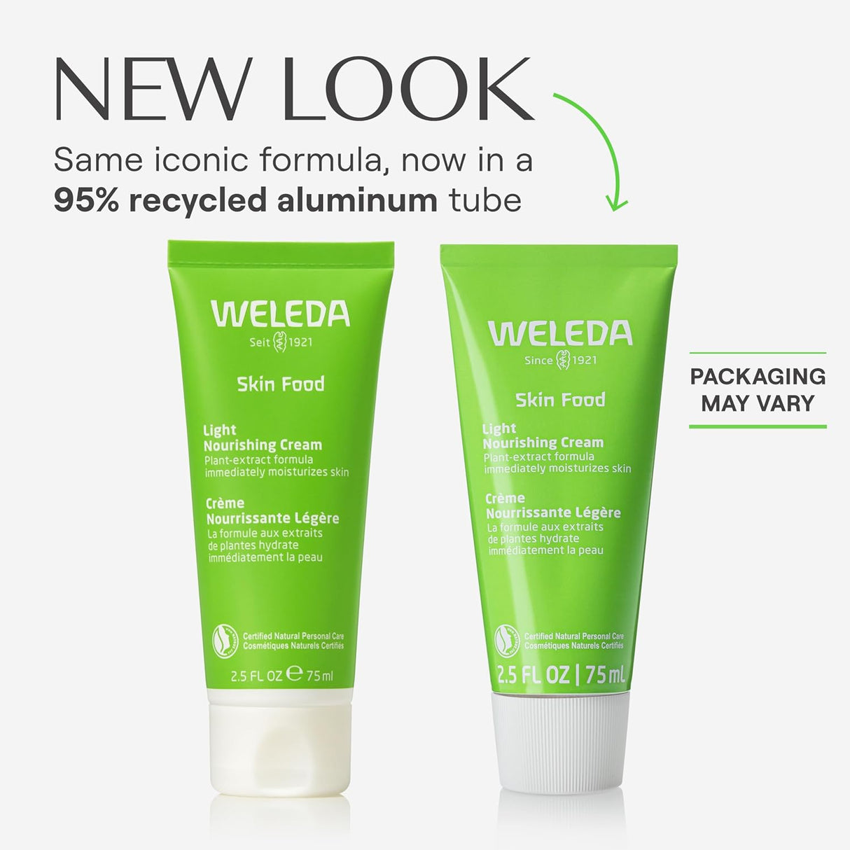 Two Weleda Skin Food tubes on a white background with text about new packaging.