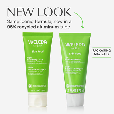Two Weleda Skin Food tubes on a white background with text about new packaging.