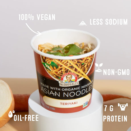 Cup of Dr. McDougall's Asian Noodles with health benefits text on a white background