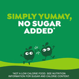 Green background with cartoon apples and 'Simply Yummy, No Sugar Added' text.