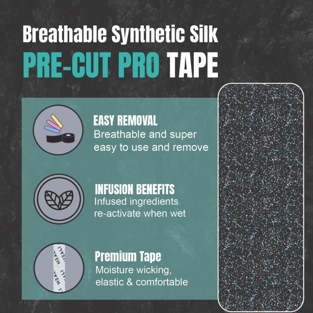 Advertisement for Breathable Synthetic Silk Pre-Cut Pro Tape with features listed on a dark background.