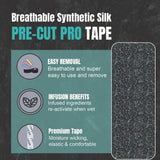 Advertisement for Breathable Synthetic Silk Pre-Cut Pro Tape with features listed on a dark background.